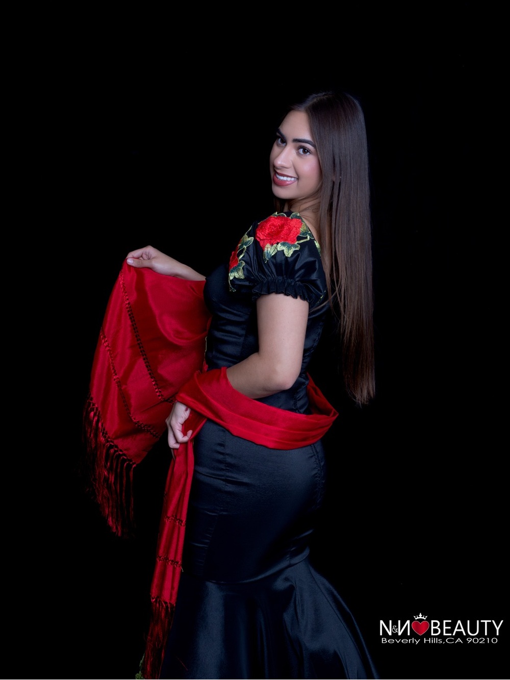 Black Satin Mermaid Dress with Red Rose Embroidery and Red Shawl - Picture 7 of 11